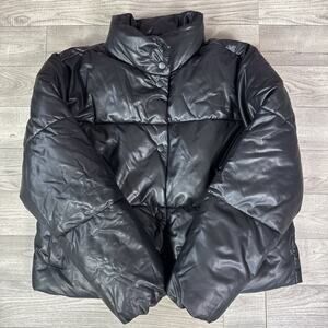 Old Navy Snap Front Faux Leather Puffer Jacket Coat Black sz S